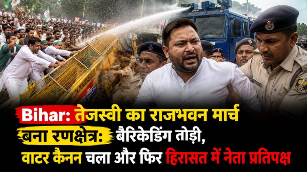 बिहार में तेजस्वी का राजभवन मार्च बना रणक्षेत्र! बैरिकेडिंग टूटी, वाटर कैनन चला और हिरासत में लिए गए नेता प्रतिपक्ष